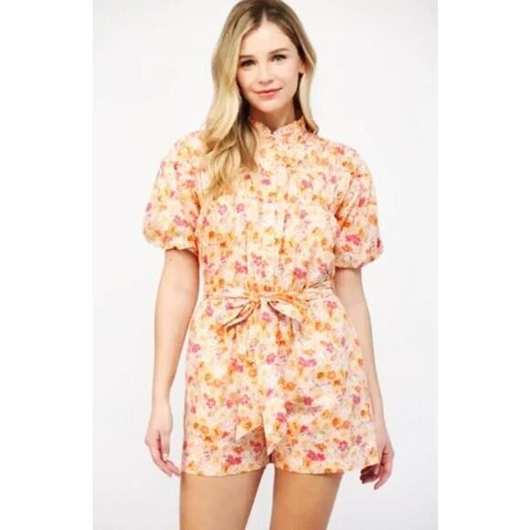 Fate Women's Floral Button Front Romper Elastic Waist Puff Sleeve Tie Belt NWT M - Picture 1 of 13